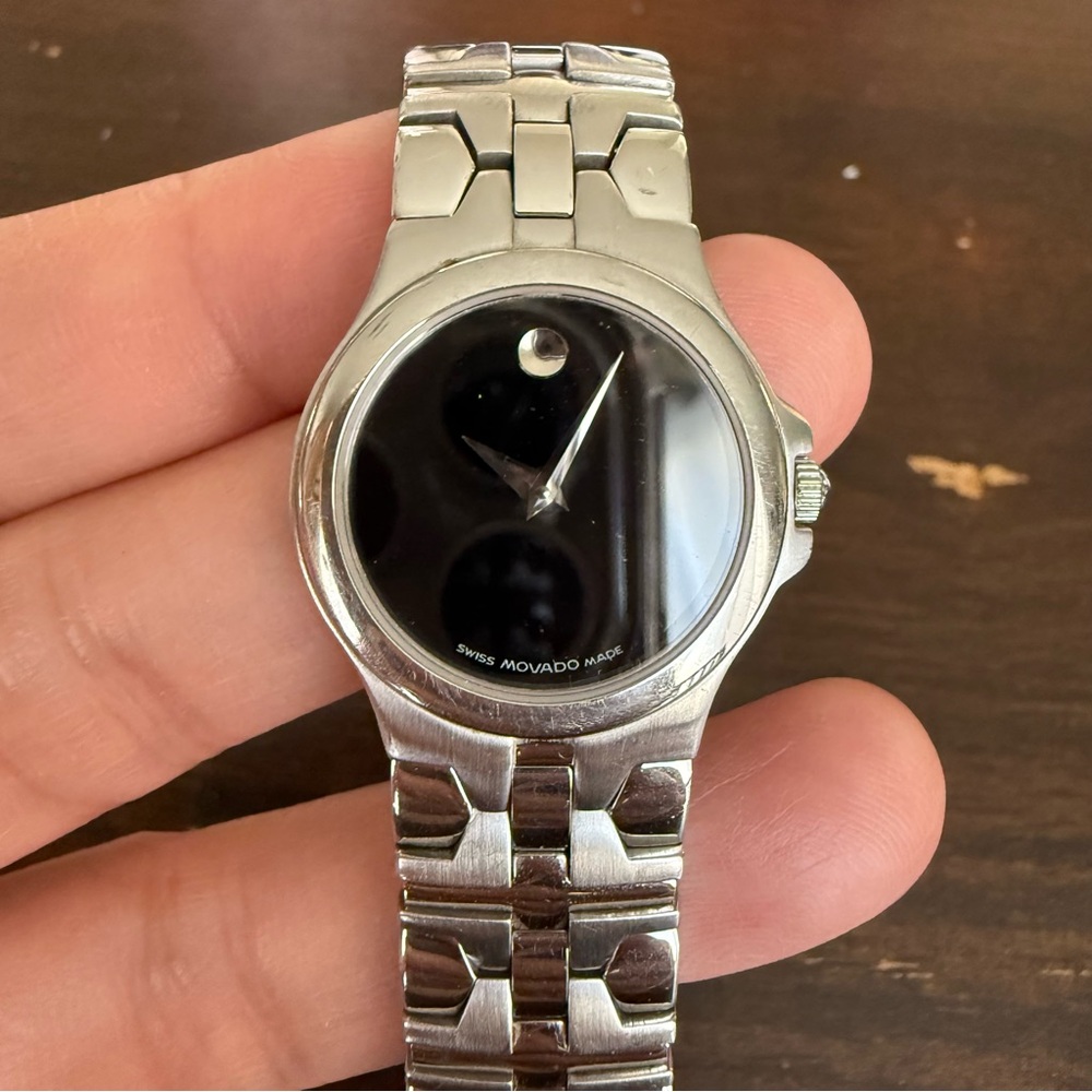 Movado Delphino Black Dial Silver Band Watch